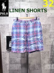 ポロラルフローレン 正規品 リネン100％ チェック ショーツ 32 POLO RALPHLAUREN 麻 ハーフパンツ