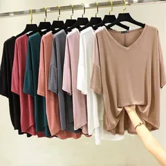 ゆったりTシャツ レディース Tシャツ 夏 半袖Tシャツ Vネック サマーTシャツ 無地Tシャツ カットソー 薄手 5分丈袖Tシャツ#ecbea18264