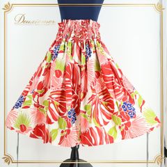 【美品 フラダンス衣装】ホワイト系 パウスカート 白 赤 緑 青 モンステラ柄 レフア柄 鮮やか 明るい 花柄 レッド グリーン フラダンス スカート モンステラ 花柄 レフア かわいい おしゃれ ポップな パウスカート ビビッドカラー
