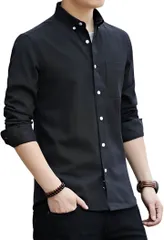 Four leaf シンプルxおしゃれ オックスフォードシャツ メンズ ボタンダウンシャツ 長袖 カジュアルシャツ 長袖シャツ ワイシャツ 無地 綿 コットン 60% 襟付き Yシャツ(ブラック,  XL)