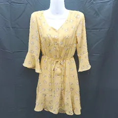 ◇ NICE CLAUP Vネック　裏地　花柄　シンプル　薄手　サテン系 長袖 ひざ丈 ワンピース サイズF イエロー系 レディース E  【1303290026040】