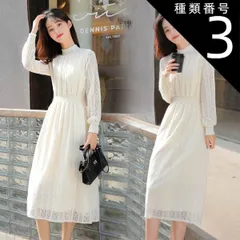 種類3：ブラック/XL シフォン 透け感 レース ドレス ワンピース パーティードレス パーティドレス 結婚式ドレス 結婚式のドレス 膝丈ドレス 膝丈 ひざ丈 袖あり 長袖 ハイネック スタンドカラー Aライン フレア 刺繍 ウエストマーク シャーリング かわ