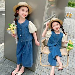 上下セット デニムセットアップ  女の子 セットアップ  バブルスリーブ ブラウン ワイドパンツ セット 子供服 女児 小学生 キッズ   ボトムス  可愛い  おしゃれ カジュアル 90cm 100cm 110cm  120cm   jinrui14