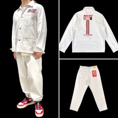 DEUS × Kei Naito デウス 内藤慶 ナイトーオートエンジニアリング コラボ Boss Chore Shirt ボルト刺繍 ホワイトデニム カバーオール × Foreman Pant ワイド テーパード ホワイトデニム ワークパンツ セットアップ