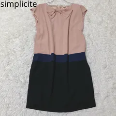 サンプリシテ　ノースリーブワンピース　膝丈　カラーブロック　リボン　フレア　フェミニン　エレガント　ピンク系　ネイビーブラック
