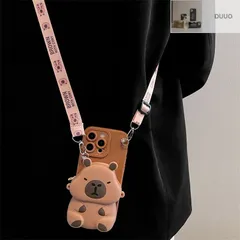 カピバラの癒しデザイン iPhone 保護ケース 茶色 ゆるキャラ造型 コインケース付き ショルダーストラップ 耐衝撃 ソフトケース iPhone17/17pro/17pro max/16/15/14/13/12/11 多機種対応