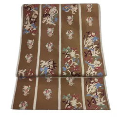 袋帯　紬地　汕頭柄　正絹　未使用 袋帯 美品 秀品 紬地 草花 霞 金銀糸 青緑 お太鼓柄 正絹 【