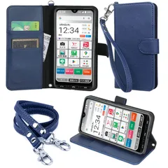【速発送】ss かんたんスマホ3 205KC 対応 手帳型スマホケース ダークブルー ストラップ 2種付き ハンドストラップ/ネックストラップ