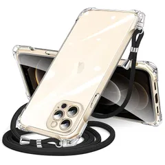 iPhone 12 Pro 用 ケース クリア ショルダー iphone12pro 用 スマホケース アイフォン12Pro カバー 肩掛け 斜めかけ 縄掛けケース 透明 TPU 薄型 軽量 耐衝撃 紐付き 斜めがけ 織りストラップ付き ネックストラップ シ 1