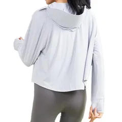 [MORE AUNI] ラッシュガード レディース 日焼け止め UVカット UPF50+ 長袖 ショート丈 パーカー 体型カバー ポンチョ風 つば付き 指穴付き 顔保護 接触冷感 薄手 アウトドア プ [ライトグレー / J20031] [Free Size]