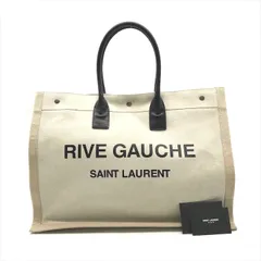 良品 SAINT LAURENT サンローラン リヴ・ゴーシュ キャンバス レザー トート バッグ ベージュ レディース 大容量 旅行 k469