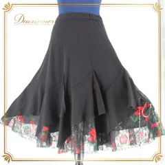 【美品 日本製社交ダンス衣装】ドレス ワンピース パーティー レッスン 黒 赤 緑 ブラック レッド グリーン 花柄 レース シンプル シック 素材 ウエスト 伸縮性 Lサイズ 日本製 スカート フェミニン クラシック ブラック レディース 洋服 ボトムス