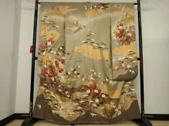 平和屋着物▼豪華振袖　駒刺繍　渡橋風景花文　金彩　正絹　逸品　AAAW0719ck