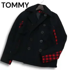TOMMY トミー ヒルフィガー 秋冬 メルトン ウール★ チェック 切替 Pコート Sz.M メンズ 黒