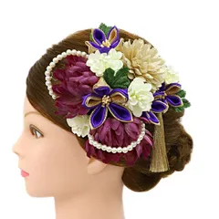 髪飾り 成人式 つまみ細工 赤 振袖 前撮り 袴 花 ドレス 2点セット 紫 白 ゴールド ちりめん 房 パール かんざし 洋装 トレン No.9-5028