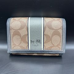 汚れあり　COACH　二つ折り財布　シグネチャー柄　ヘリテージ　ストライプ　シルバー