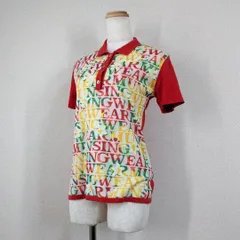 美品【マンシングウェア】ゴルフウェア　シャツ　半袖　赤　総柄　M　レディース　ロゴ　奇抜　金ボタン　日本製　綿　コットン y2k