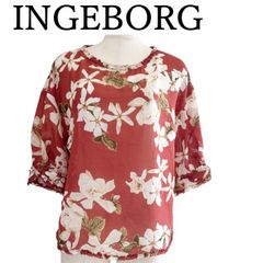 インゲボルグ》花柄シフォンブラウス 半袖 黒地 シアー リボン付き L 