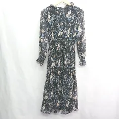 ◇ ◎ ANAP アナップ 花柄 ギャザー加工 長袖 ロング丈 ワンピース サイズF ブラック ベージュ ブルー系 レディース E  【1408220048106】