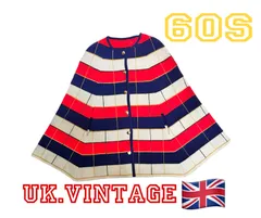 60s UK.Vintage ケープコート　ニット　トリコロール　金ボタン