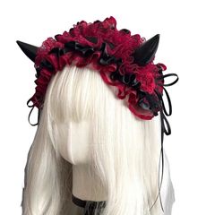 レッド　ホワイト　小悪魔フリル　ヘッドドレス　ゴスロリ ヘッドドレス カチューシャ 黒 赤 レース デビル 角付き コスプレ 原宿系 ロリータ ファッション 病みかわ 地雷系 小悪魔 アクセサリー ハロウィン