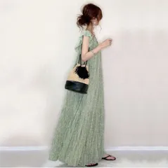 新品【FREE】マキシ丈ワンピース　フレンチフリル　ライトグリーン　花柄　シフォン　レイヤード　ティアード