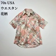 70s USA　ウエスタンシャツ　襟芯　花柄　カウボーイシャツ　半袖シャツ　ピンク　 古着
