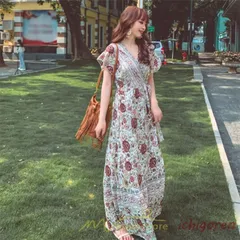 ワンピース レディース ワンピ ロングワンピ ロング マキシ コットン ゆったり 夏 リゾート サマードレス かわいい 大人 オトナ 個性的 Vネック レトロ 着痩せ