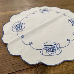 フランス蚤の市　ドイリー　レース　ブルー糸　刺繍　カフェ　【165-20】