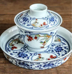 景德鎭官窑★青花のライチと鳥☆蓋碗★茶器★
