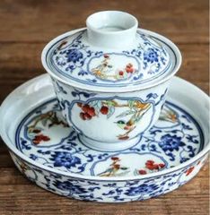 景德鎭官窑★青花のライチと鳥☆蓋碗★茶器★