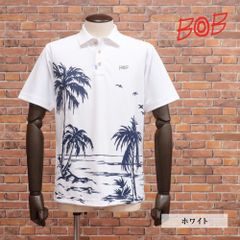 春夏/BOB/Lサイズ/半袖ポロシャツ 074843008 日本製 吸水速乾 UVカット ピンメッシュ パームツリー柄 プリント ゴルフ メンズ ボブ 新品/白/ホワイト/ka156a/