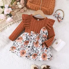 ベビー 女の子80㎝ 90㎝ 可愛い ドレス ワンピース ニット 春秋 花柄 ブラウン プリンセス風 お揃い リボン ヘアゴム ヘアバンド付き セット まとめ まとめ売り