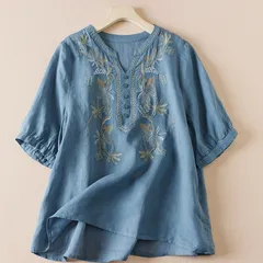 レディース刺繍花シャツ（ブルーLサイズ/XLサイズ）春夏秋シンプルチュニックシャツ091