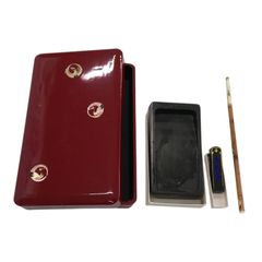 硯箱と書道用具のセット　漆器　朱塗り　木製　鶴柄　硯　墨　筆