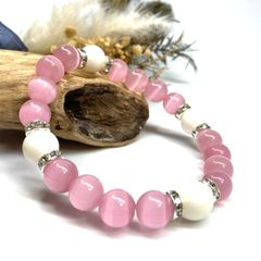 キャッツアイ(ピンク)×ホワイトオニキス パワーストーン ブレスレット  (シルバー) メンズ・レディース　男性・女性　数珠ブレス 開運 [23]