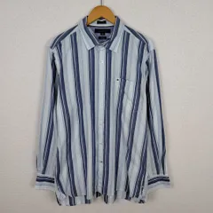 TOMMY HILFIGER トミーヒルフィガー シャツ 長袖 ストライプ ブルー Lサイズ メンズ 古着 アメカジ ストリート シティーボーイ