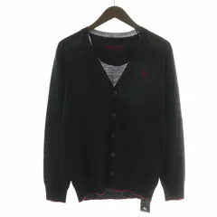バーバリーブラックレーベル BURBERRY BLACK LABEL ニットカーディガン 長袖 Vネック ロゴ刺繍 バイカラー ウール 1 S 黒 ブラック 赤 レッド /NW10