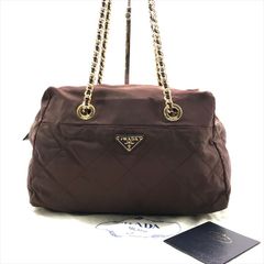 良品 PRADA プラダ 三角ロゴ キルティング ナイロン テスート チェーン トート バッグ ブラウン レディース ブランド カバン k5675