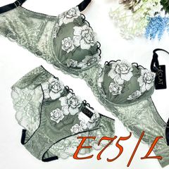 （935701）脇高ラメ入り大花刺繍ブラ＆ショーツセット【E75/L】 モスグリーン