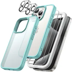 【新着商品】Maxに対応) マットケース Pro 2枚強化ガラスフィルム+2枚カメラレンズフィルム付き (15 6.7インチ用 5枚セット iPhone15ProMax 半透明背面 1 in 耐衝撃スマホカバー 5 (明るい青) JEDirect