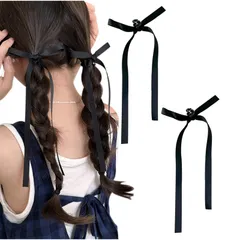 [Herbeluemily] ヘアアクセサリー リボン ヘアクリップ 髪飾り リボンクリップ リボンピン ヘアアレンジ 2個セット ブラック [ブラック]