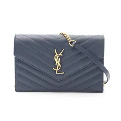 イヴ・サンローラン YVES SAINT LAURENT ショルダーバッグ モノグラム エンベローブ ネイビー レザー カサンドラ マトラッセ エンベロープ チェーンウォレットのサムネイル