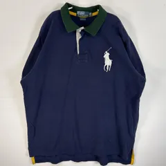 古着 90's/90年代 ポロバイラルフローレン Polo by Ralph Lauren 鹿の子 半袖 ラガーシャツ ビッグポニー 袖口切替 襟切替 XXL  ネイビー系 無地 メンズ