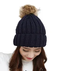 [SLOW＆MELLOW] ニット キャップ ボンボン ニット帽 シンプル カジュアル ポンポン 防寒対策 帽子 ケーブル 編み 5カラー ビーニー キャップ 可愛い お洒落 スポーツ 秋冬 温かい 暖かい ポンポン 大き [ネイビー] [Free Size]