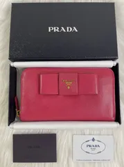 【美品】Prada 長財布 ピンク サフィアーノ レザー ラウンドファスナー リボン