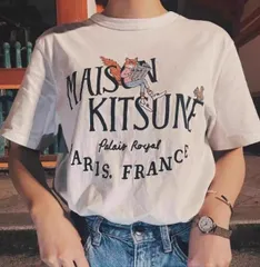 MAISON KITSUNÉ メゾンキツネ Tシャツ 夏 人気 半袖 フォックスヘッド ロゴ Tシャツ ホワイト 男女兼用 カジュアル プリント トップス