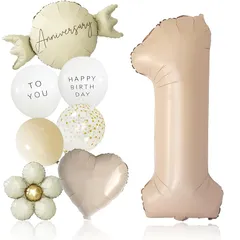 【新品】 deerzon くすみベージュ 1歳 くすみカラー 数字 バルーン 誕生日 飾り付け 10点 セット 大きい 65cm くすみ ニュアンスカラー ナンバーバルーン バースデー 0