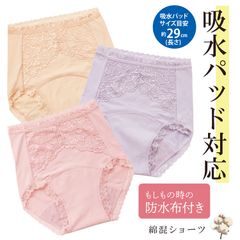 3色組 レース付き 吸水パッド対応ショーツ 綿95％ パッドがキレイにおさまる 吸水パッド専用 失禁 尿漏れ コットン 綿混