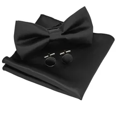 【在庫セール】メンズ カフスボタン付き 無地蝶ネクタイとポケットチーフ [JEMYGINS]